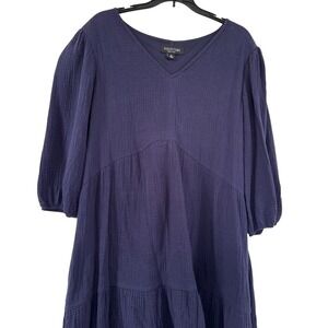 Perceptions New York Navy Blue Gauze Tiered Midi Dress XL Puff Sleeve V Neck